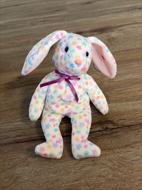 Ty Plush Bunny with Pastel Floral Print and Purple Ribbon